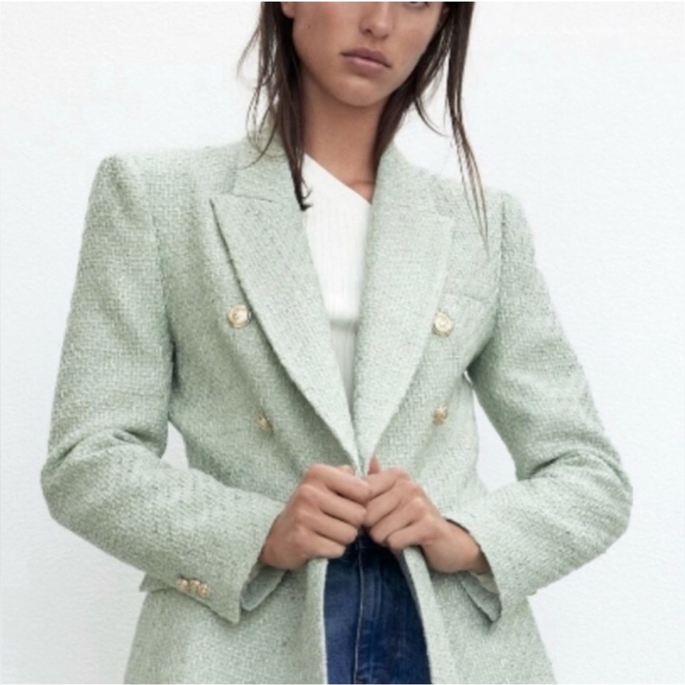 Zara Women's Light Green Tweed Blazer - Picture 4 of 5